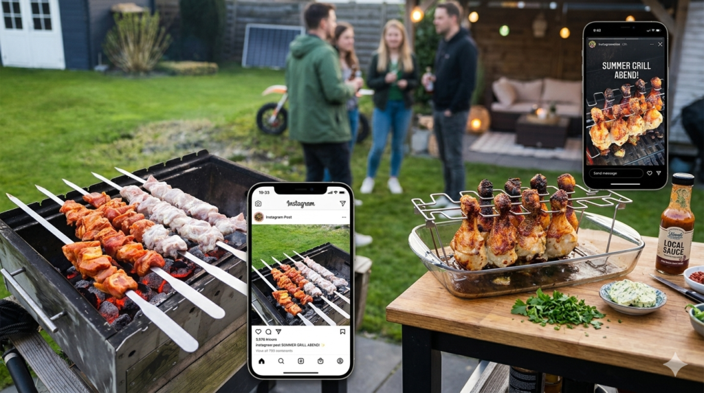 „Professioneller Mangal-Grill mit marinierten Schaschlik-Spießen über Glut. Im Hintergrund eine gesellige Grillparty im Garten. Ein seitlicher Tisch zeigt gegrillte Hähnchenkeulen im Hähnchensitz und Beilagen. Zwei Smartphones präsentieren Instagram-Posts und Stories mit dem Text ‚SUMMER GRILL ABEND!‘. Im Vordergrund Beilagen wie Kräuterbutter und Sauce.“