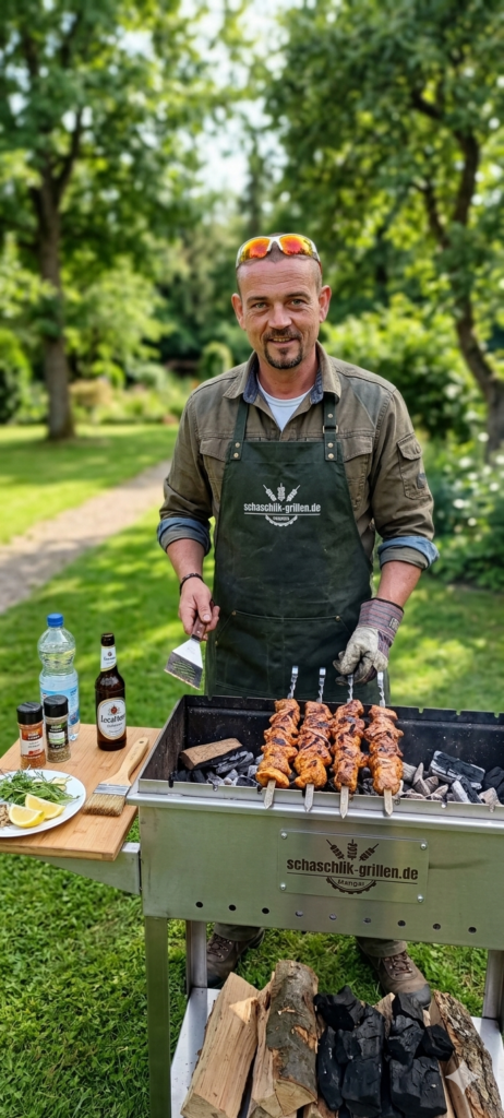 „Grill-Experte von schaschlik-grillen.de steht lächelnd an einem professionellen Edelstahl-Mangal im Grünen. Er trägt eine dunkle Grillschürze mit dem Webseiten-Logo und bereitet saftige Schaschlik-Spieße über Holzkohle zu.“