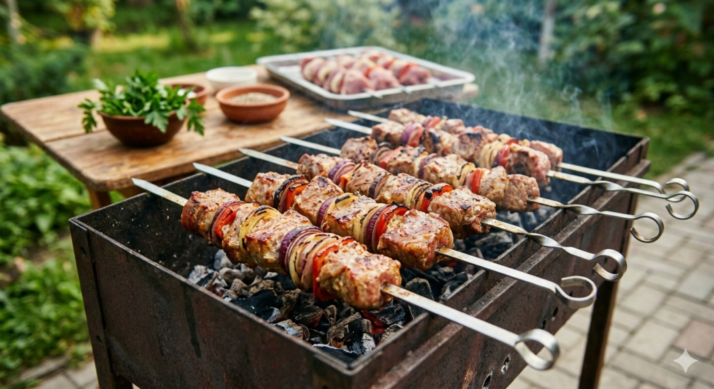 Leckere Schaschlik-Spieße brutzeln auf einem Mangal-Grill
