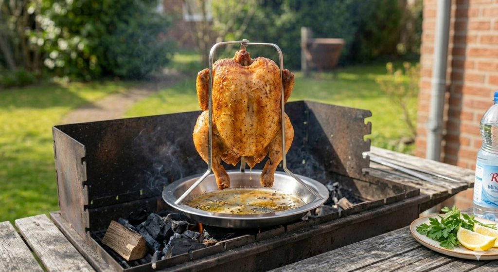 „Knuspriges, golden gebratenes Hähnchen auf einem vertikalen Edelstahl-Hähnchenhalter (Vertical Roaster), der auf einem Mangal-Grill über Holzkohle steht. Im Hintergrund ein Garten mit Rasen und Beilagen wie Kräuterbutter und Sauce. Zwei Smartphones präsentieren Instagram-Posts mit dem Text ‚SUMMER GRILL ABEND!‘. Im Vordergrund sind Beilagen wie Kräuterbutter und Sauce.“
