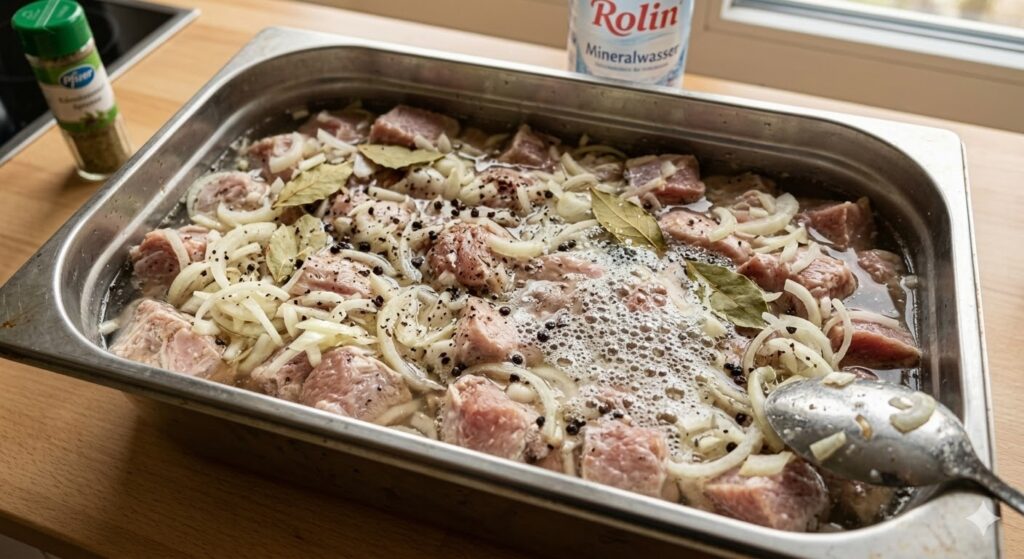 Schaschlik Marinade mit Mineralwasser in Edelstahlbehälter