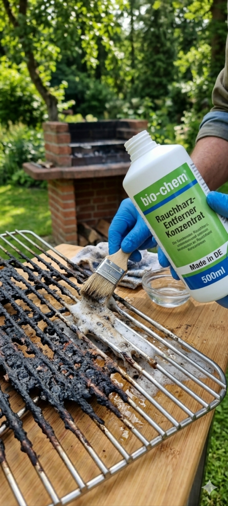 „Nahaufnahme einer Hand mit blauem Handschuh, die das bio-chem Rauchharz-Entferner Konzentrat (Made in DE, 500ml Flasche) mit einem Pinsel auf einen stark verkrusteten, schwarzen Schaschlik-Grillrost auf einem Holztisch aufträgt. Wo der Reiniger wirkt, beginnt sich der Schmutz zu lösen, und das saubere Metall wird sichtbar. Im Hintergrund ein unscharfer Garten mit Ziegelgrill.“
