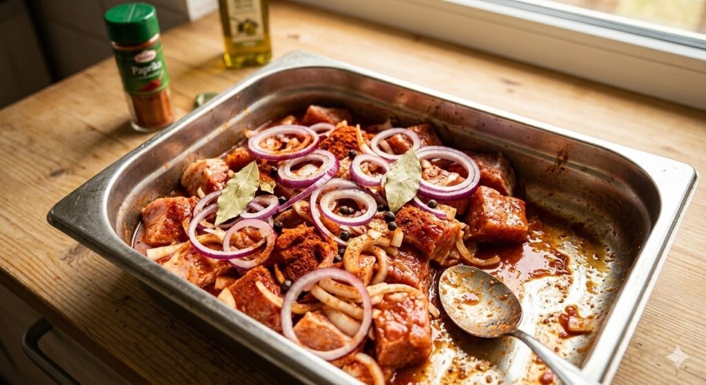 Paprika-Marinade Schaschlik in einem Edelstahl Behälter 